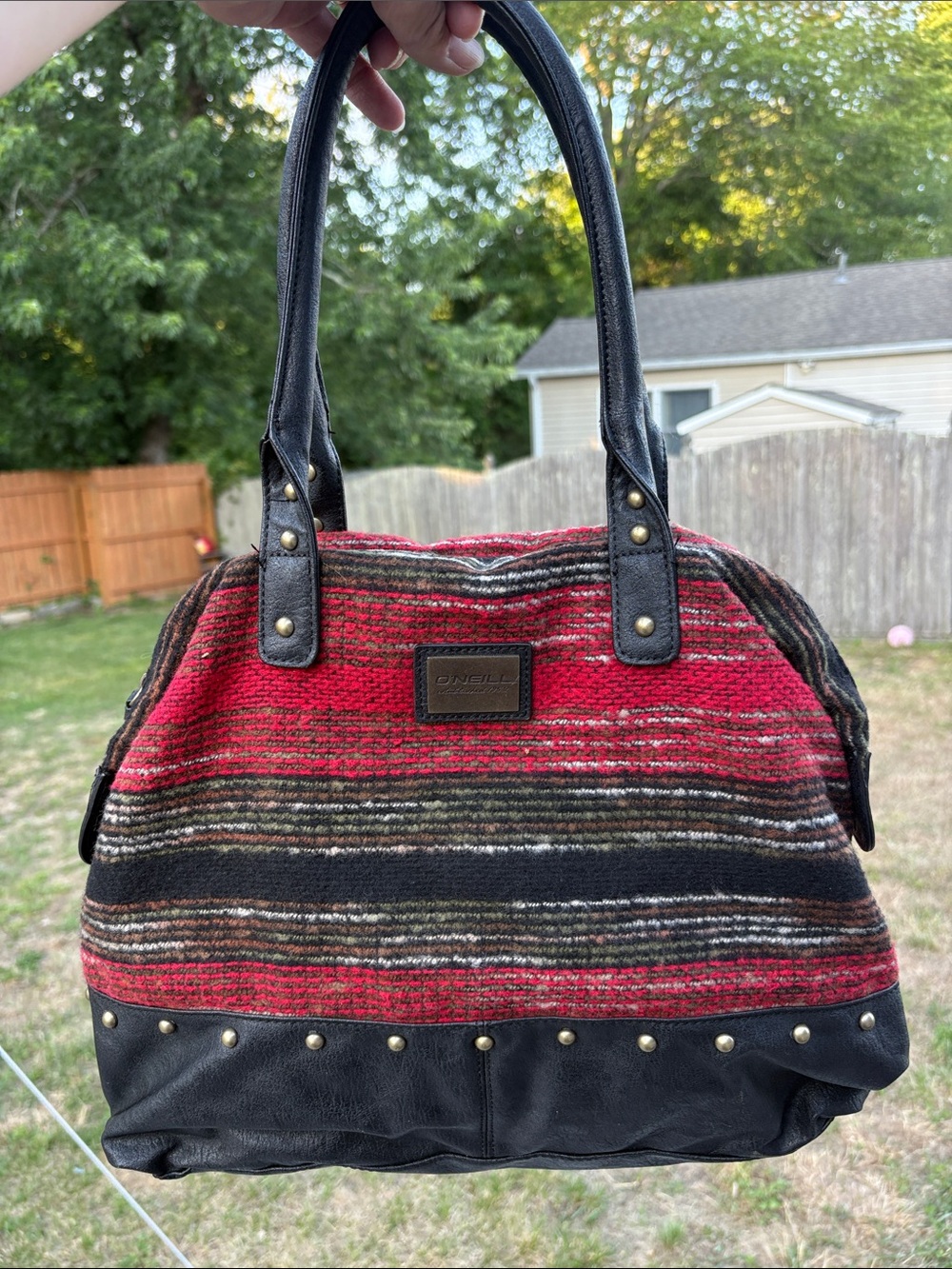 O'Neill wool Red, Black and Brown Striped Tote